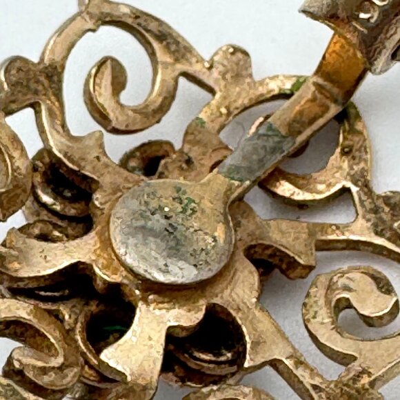 Vintage Gold-Tone Clip-On Earrings Greenish Black Rhinestones & Filigree Design - Picture 7 of 8